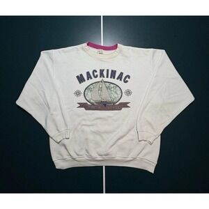 Vintage Mackinac Sailing Sail Boat Graphic Crewneck Sweatshirt Adult‎ XL White